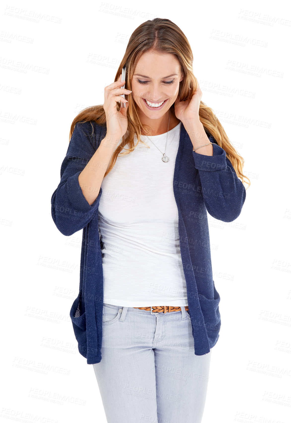 Buy stock photo Woman, phone and call with smile for conversation in studio with mock up on white background. Happy female person, speaking and listening on cellphone for communication, discussion and friendly talk