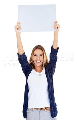 Buy stock photo Poster mockup, portrait and success of woman isolated on a white background for winning, promotion deal and space. Happy, excited person with board or sign in air for announcement or news in studio