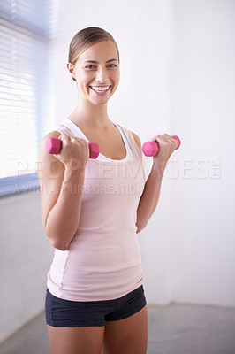 Buy stock photo Woman, portrait and dumbbell for weight training in home with exercise, smile and workout. Happy, wellness and gym equipment for health and athlete with fitness for strength and confidence in house