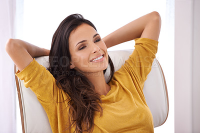 Buy stock photo Woman, relax and smile on work break in a chair in a home with rest and calm in a lounge with rest. Happy, chill and female creative freelancer and idea in the morning sitting with peace and thinking