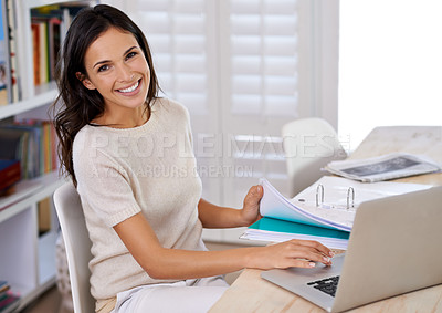 Buy stock photo Documents, happy and portrait of woman with laptop working on creative project at home office. Smile, technology and female freelance designer with paperwork and computer in workspace at apartment.