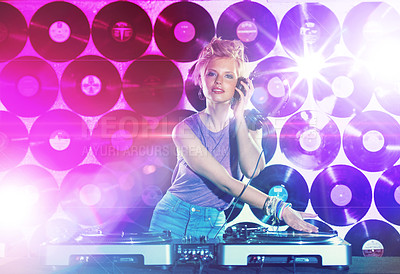 Buy stock photo Portrait, music and woman dj with mixer on wall background for entertainment at club, disco or party. Concert, dance or event with light for performance and disc jockey mixing audio or sound