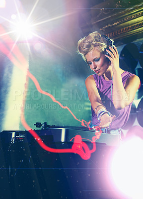 Buy stock photo Woman, dj and turntable with headphones for music on stage with lens flare, mixing and gig at rave party for entertainment. Female sound mixer, artist and musician with record player for playlist