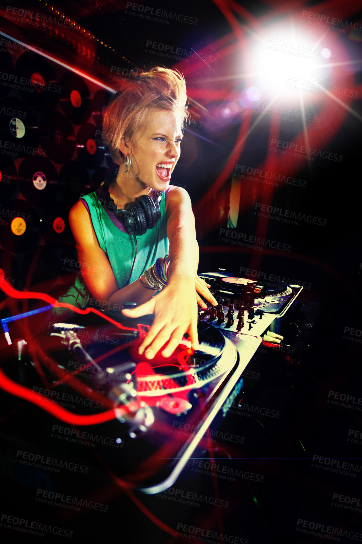 Buy stock photo Woman, turntable and music performance in nightclub as dj for dance floor party event, concert or neon lights. Female person, headphones and record scratch or playlist for weekend, track or new year