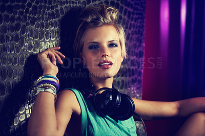 Buy stock photo Woman, portrait and fashion with headphones or music entertainment or song, listen or techno. Female person, makeup and rock playlist on weekend or audio radio or podcast, streaming or subscription