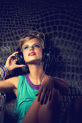 Buy stock photo Happy, listening to music and woman with headphones, entertainment on wall background. Person, thinking or girl with headset or streaming radio with song or audio track with sound, scales or relaxing