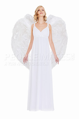 Buy stock photo Woman, face and fantasy in studio with angel wings for halloween dress up, celestial fashion or confidence. Model, person and beauty with heavenly costume, relax or natural makeup on white background