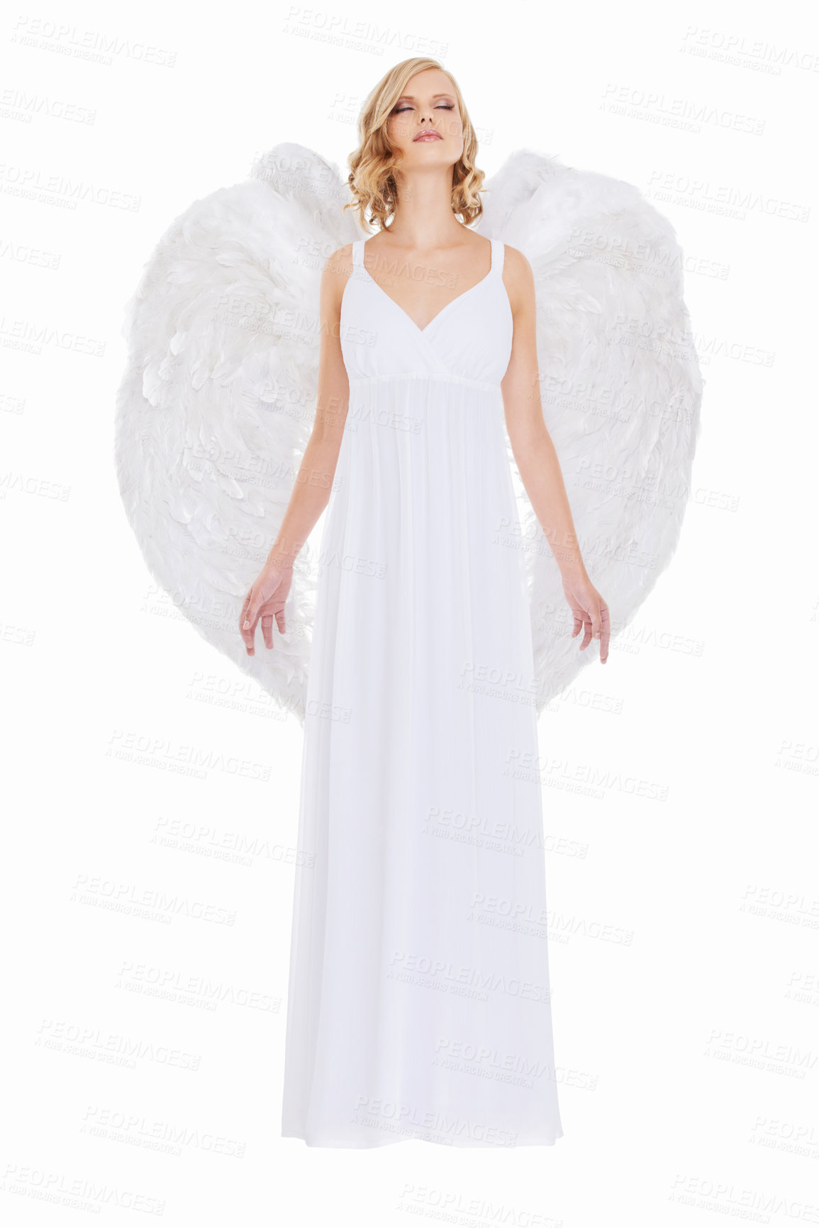 Buy stock photo Woman, face and fantasy in studio with angel wings for halloween dress up, celestial fashion or confidence. Model, person and beauty with heavenly costume, relax or natural makeup on white background