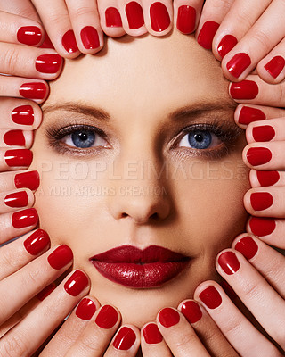 Buy stock photo Beauty, makeup and portrait of woman with manicure, glamour and lipstick with creative aesthetic. Luxury cosmetics, face and hands with red nail polish for self care, shine and model with facial