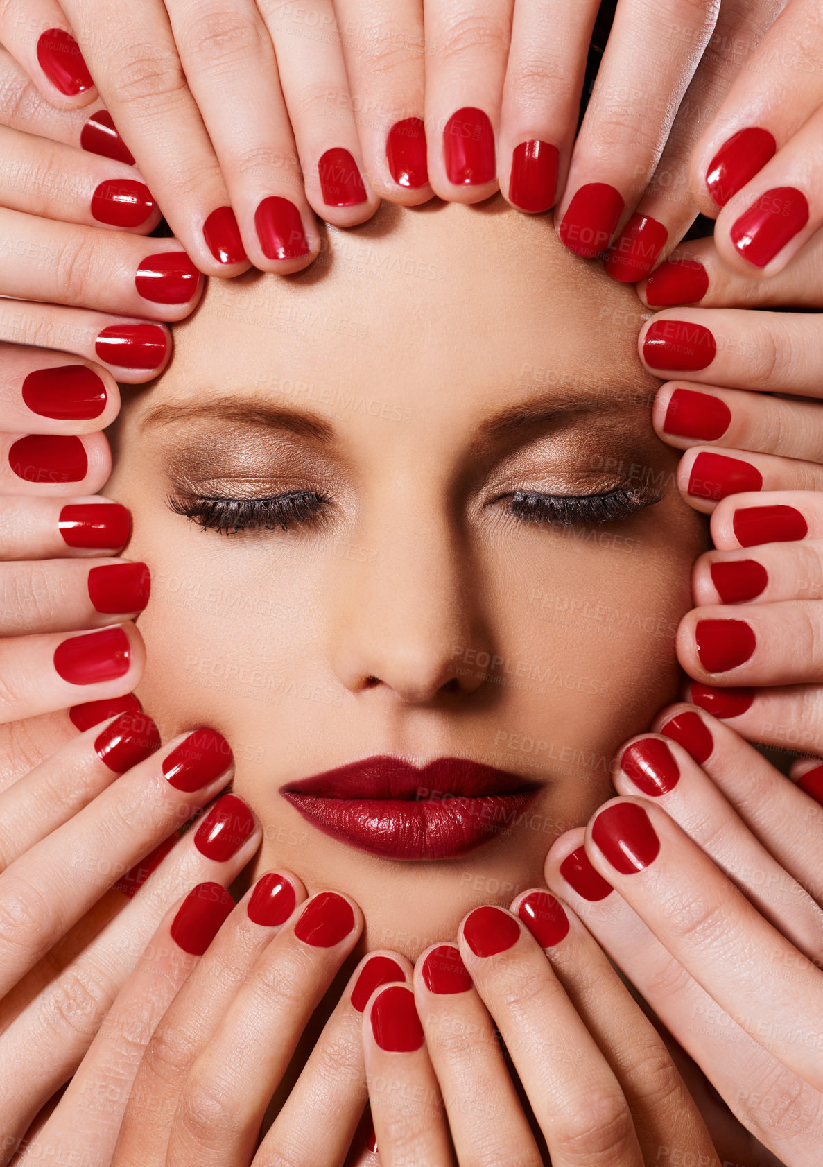Buy stock photo Beauty, cosmetics and relax, woman with manicure and red lipstick for creative aesthetic. Luxury makeup, face and hands with nail polish for self care, shine and confident model with salon product