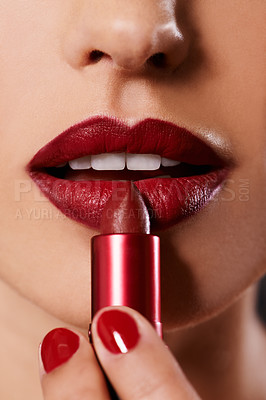Buy stock photo Closeup, woman and red lipstick with nails and makeup for beauty, application of cosmetics and shine. Lipcare product, bold color and manicure with mouth, face and skin for cosmetology with glow