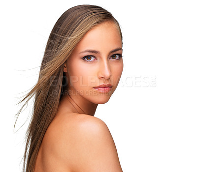 Buy stock photo Woman, portrait and breeze for hair in studio, attitude and keratin treatment or shampoo care. Female person, serious and beauty in hairstyle, wind and cosmetics by dermatology on white background