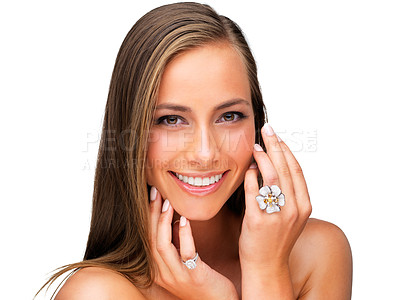 Buy stock photo Portrait, smile and woman touch skin for wellness, care or beauty isolated on white studio background. Face, cosmetics and happy young model in spa facial makeup, aesthetic or dermatology with rings