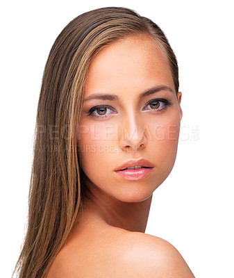 Buy stock photo Skincare, hair care and portrait of woman, glow or shine isolated on white studio background. Face, cosmetic and hairstyle of serious model in salon for facial makeup, hairdresser or beauty treatment