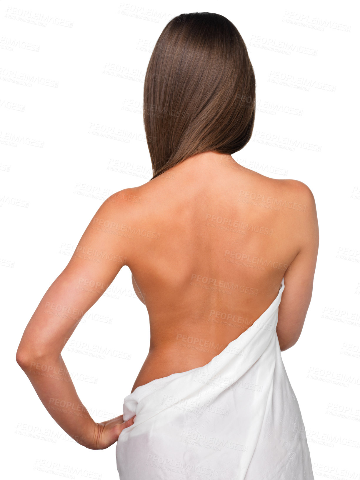 Buy stock photo Back, blanket and woman with skincare, shine and person isolated on a white studio background. Rear view, model and girl with cover and cosmetics with dermatology and clear skin with bedsheet or glow