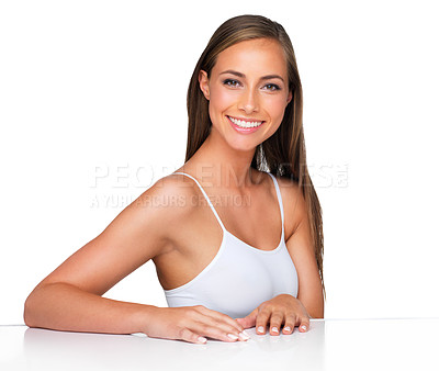 Buy stock photo Beauty, portrait and happy woman with manicure table in studio for hand, cosmetics or cuticle care on white background. Face, smile and female model with nails for polish, acrylic or transformation