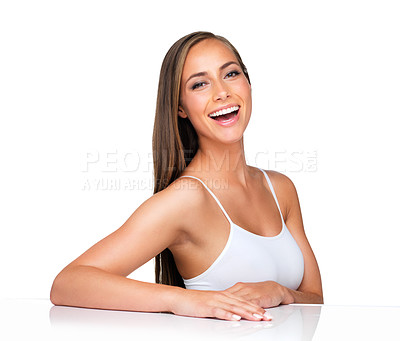 Buy stock photo Makeup, portrait and happy woman in studio for beauty, cosmetics or results on white background space. Wellness, face or female model with glowing skin, glamour or dermatology, shine and satisfaction