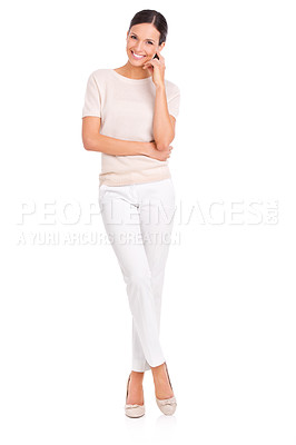 Buy stock photo Studio portrait of a casually dressed young woman isolated on white