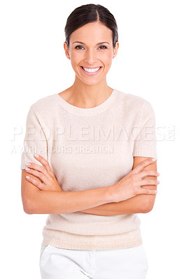 Buy stock photo Businesswoman, portrait and confident in studio, smile and pride for career on white background. Female person, arms crossed and happy for startup company, entrepreneur and positive for opportunity
