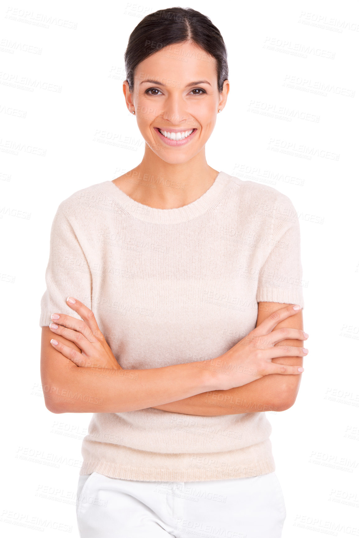 Buy stock photo Businesswoman, portrait and confident in studio, smile and pride for career on white background. Female person, arms crossed and happy for startup company, entrepreneur and positive for opportunity