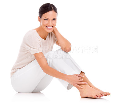 Buy stock photo Woman, portrait and smile in studio for relax weekend with confidence for good mood, carefree or vacation. Female person, face and floor rest on white background in Canada, comfortable or mock up