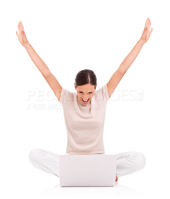 Buy stock photo Woman, laptop and celebration or excited in studio with arms up for good news, promotion or winning. Female person, online and white background with mockup or announcement victory, reward or lottery