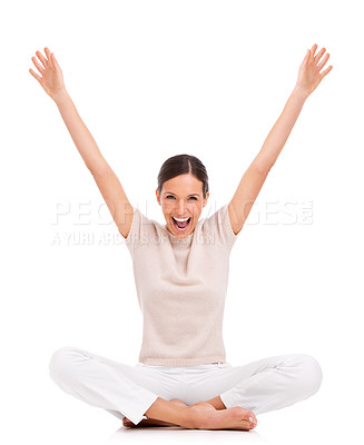Buy stock photo Woman, portrait and excited for celebration in studio for achievement congratulations, winning or promotion. Female person, face and white background for competition or mockup, reward or good news
