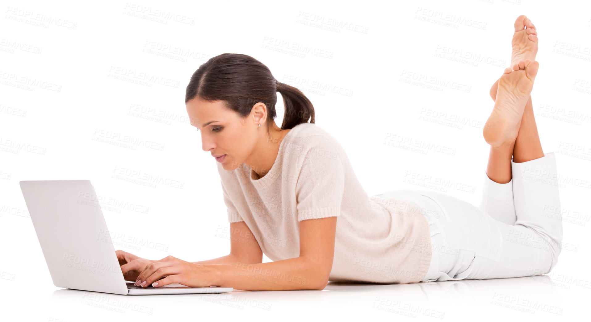 Buy stock photo Woman, laptop and typing in studio for online communication as journalist for research project, networking or internet. Female person, white background and mockup or teach writing, email or browsing