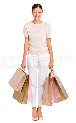 Buy stock photo Woman, portrait and shopping bags or excited for fashion or customer discount, promotion or giveaway. Female person, face and boutique product on white background or purchase, retail or mockup space