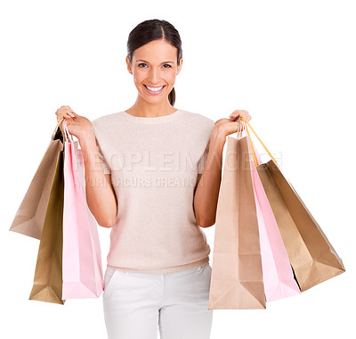 Buy stock photo Woman, portrait and shopping bags for retail deal or customer discount, promotion or giveaway. Female person, face and sale product in studio on white background for purchase, gift or mockup space