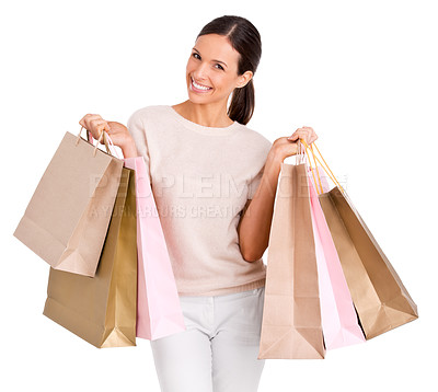 Buy stock photo Fashion, shopping and portrait of woman on a white background with bag for sale, discount and deal. Excited, happy customer and isolated person for retail products, consumerism and purchase in studio