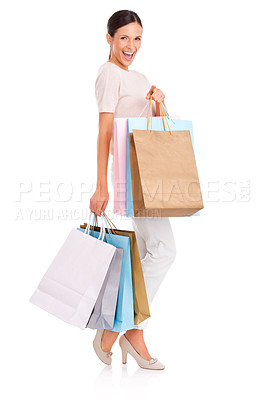 Buy stock photo Excited, shopping bag and portrait of woman on a white background for sale, discount and deal news. Fashion, happy customer and isolated person for retail products, consumerism and purchase in studio