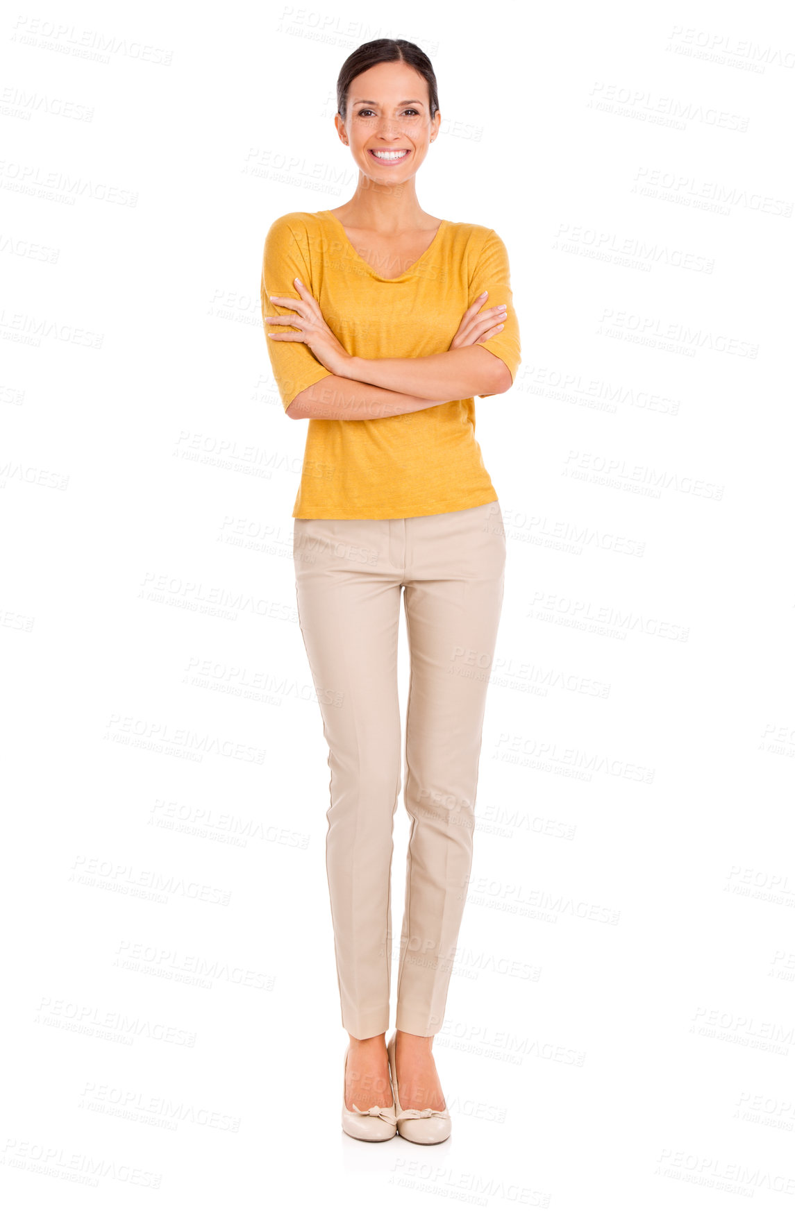 Buy stock photo Woman, fashion and portrait for arms crossed, confident and happy in outfit in studio for minimalist style. Female person, smile and yellow top by white background, designer in smart apparel