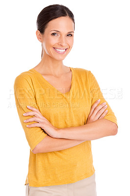 Buy stock photo Cropped shot of a casually dressed young woman isolated on white