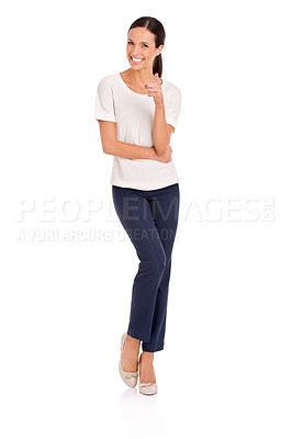 Buy stock photo Fashion, pointing and portrait of business woman on white background for career, job and work. Company, professional style and isolated person with confidence, pride and you hand gesture in studio