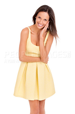 Buy stock photo Woman, portrait and happy for fashion in studio, smiling and pride for stylish clothing. Female person, confidence and summer dress on white background, trendy and satisfaction for designer outfit