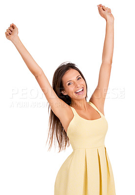 Buy stock photo Happy woman, portrait and fashion with freedom for winning, deal or discount on a white studio background. Excited female person or model with smile in yellow dress or satisfaction on mockup space