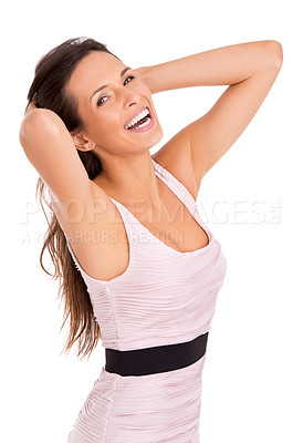 Buy stock photo Woman, portrait and hair or style in studio, smiling and pride for designer clothing. Happy female person, laughing and dress on white background, confidence and satisfaction for outfit or fashion