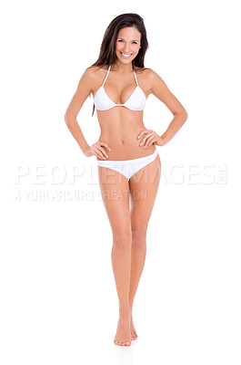 Buy stock photo Sexy, bikini and portrait of woman on studio, white background and mock up with fashion. Swimwear, model and girl in underwear with confidence for summer, vacation or style for holiday with happiness