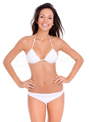 Buy stock photo Sexy, woman and confident portrait in bikini on studio, white background and mock up with fashion. Swimwear, model and girl in underwear with beauty for vacation or style for holiday with happiness
