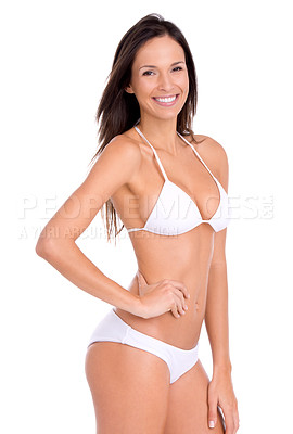 Buy stock photo Confident, model and portrait in bikini for fashion on studio, white background and mock up. Swimwear, woman and girl in underwear with beauty for vacation or style for holiday with happiness