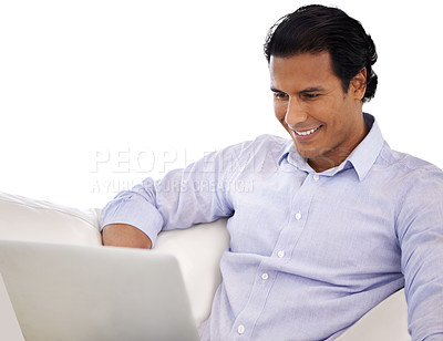 Buy stock photo Remote work, laptop and happy businessman on a sofa for web, research or client communication. Freelance, pc or real estate agent online in show house living room for property, appointment or meeting