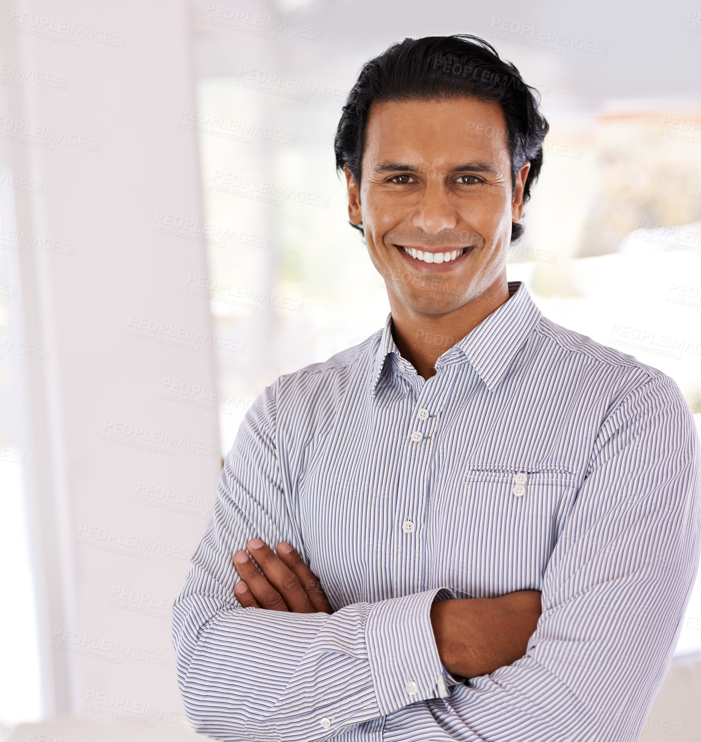 Buy stock photo Portrait, smile and business man with arms crossed in home for job or career of employee in Brazil. Face, happy professional and confident entrepreneur, realtor or real estate agent working in house