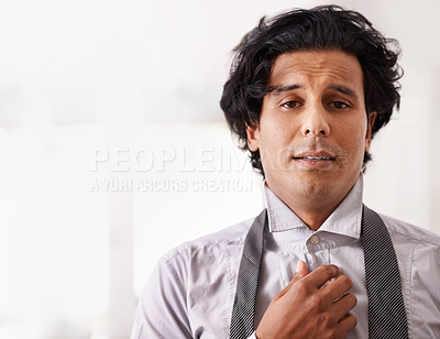 Buy stock photo Portrait, getting ready and Indian businessman in home with mockup space, tie and fatigue. Mental health, exhausted and tired entrepreneur man with morning routine, professional career and face