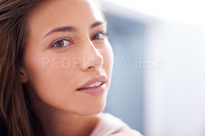 Buy stock photo Skincare, face and portrait of woman at her home with cosmetic, health and wellness treatment. Beauty, confident and young female person with natural facial dermatology routine for glow at apartment.