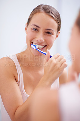 Buy stock photo Portrait, smile and toothbrush for oral hygiene care with woman in bathroom of home for teeth whitening. Face, dental care and happy young person in apartment to prevent tooth decay or gum disease
