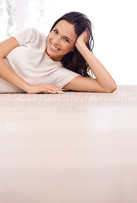 Buy stock photo Woman, portrait and happiness on floor for relax with mock up space, weekend break and confidence in apartment. Person, lying down and face with smile in home on wooden flooring for fun and freedom