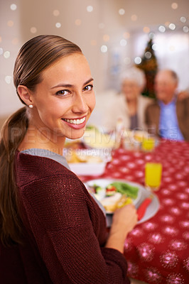 Buy stock photo Portrait, Christmas and woman with her family, lunch and relaxing with festive season and healthy meal. Face, smile or people with social gathering or home with fun or Xmas with holiday food or break