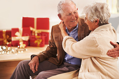 Buy stock photo Portrait of an affection senior couple at Christmas