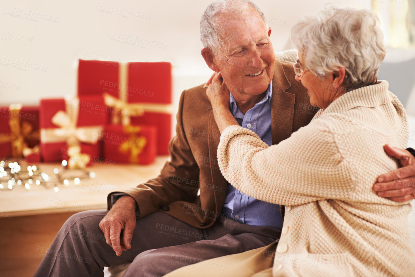 Buy stock photo Portrait of an affection senior couple at Christmas